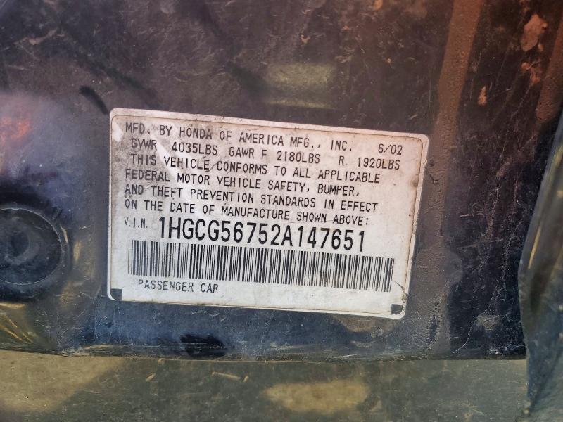 Продаж на аукціоні авто 2002 Honda Accord, vin: 1HGCG56752A147651, номер лоту: 55115516