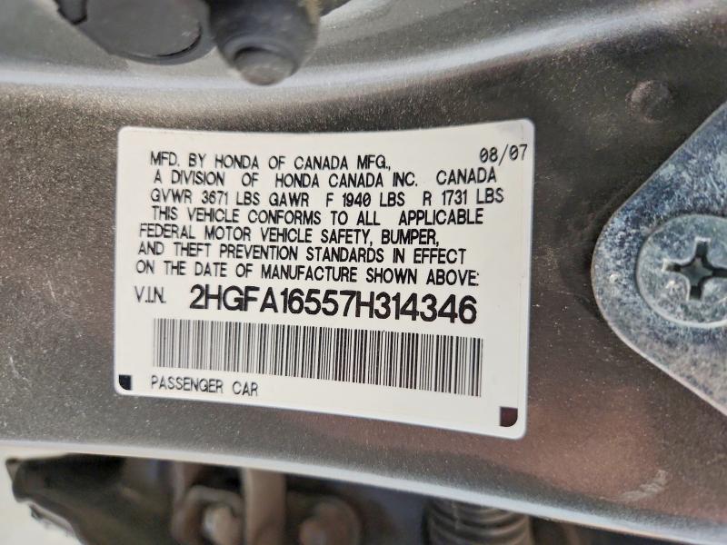 Aukcja sprzedaży 2007 Honda Civic, vin: 2HGFA16557H314346, numer aukcji: 52152286