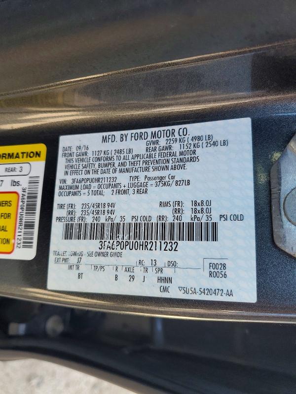 Продажа на аукционе авто 2017 Ford Fusion, vin: 3FA6P0PU0HR211232, номер лота: 54398296