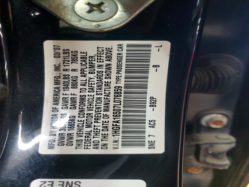 Aukcja sprzedaży 2007 Honda Civic, vin: 1HGFA16507L076859, numer aukcji: 52873296