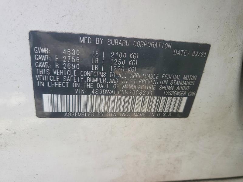 51793376 :رقم المزاد ، 4S3BWAF68N3008331 vin ، 2022 Subaru Legacy مزاد بيع