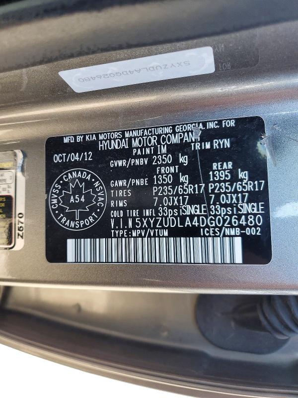 2013 Hyundai Santa Fe Sport მანქანა იყიდება აუქციონზე, vin: 5XYZUDLA4DG026480, აუქციონის ნომერი: 52526186