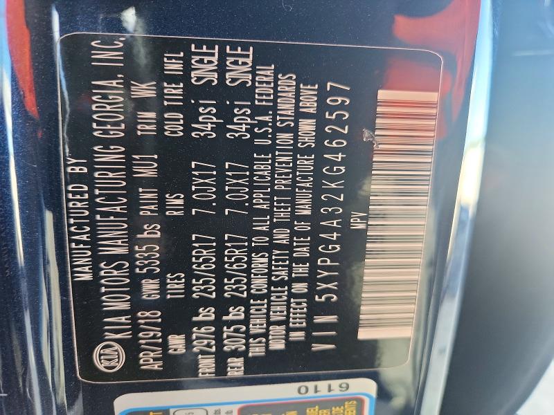 54163636 :رقم المزاد ، 5XYPG4A32KG462597 vin ، 2019 Kia Sorento مزاد بيع