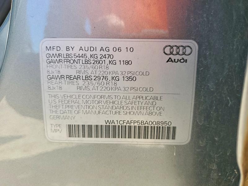 2011 Audi Q5 მანქანა იყიდება აუქციონზე, vin: WA1CFAFP5BA008950, აუქციონის ნომერი: 55107076