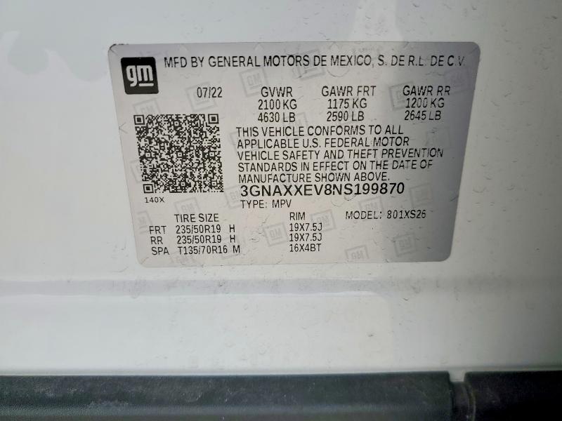 Aukcja sprzedaży 2022 Chevrolet Equinox, vin: 3GNAXXEV8NS199870, numer aukcji: 53894496