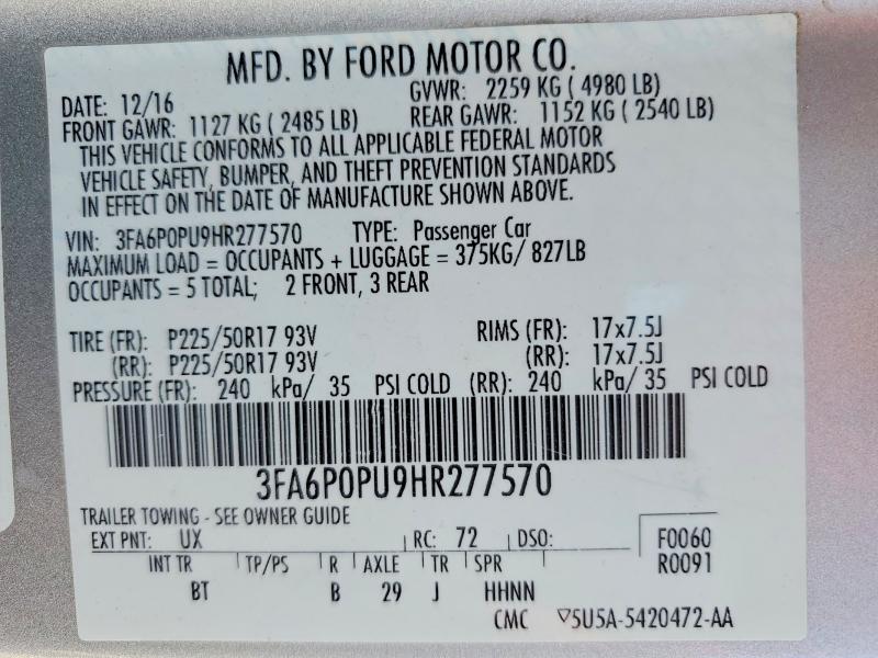 2017 Ford Fusion მანქანა იყიდება აუქციონზე, vin: 3FA6P0PU9HR277570, აუქციონის ნომერი: 53079556