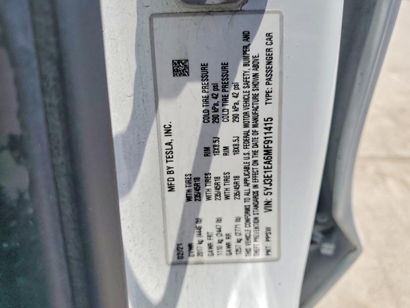 Продажа на аукционе авто 2021 Tesla Model 3, vin: 5YJ3E1EA6MF911415, номер лота: 53444086