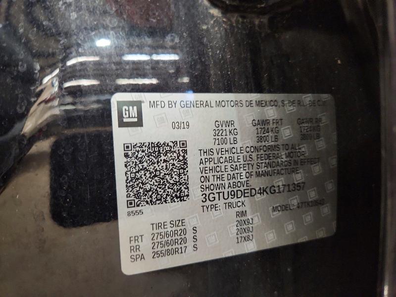 2019 Gmc Sierra მანქანა იყიდება აუქციონზე, vin: 3GTU9DED4KG171357, აუქციონის ნომერი: 52017446