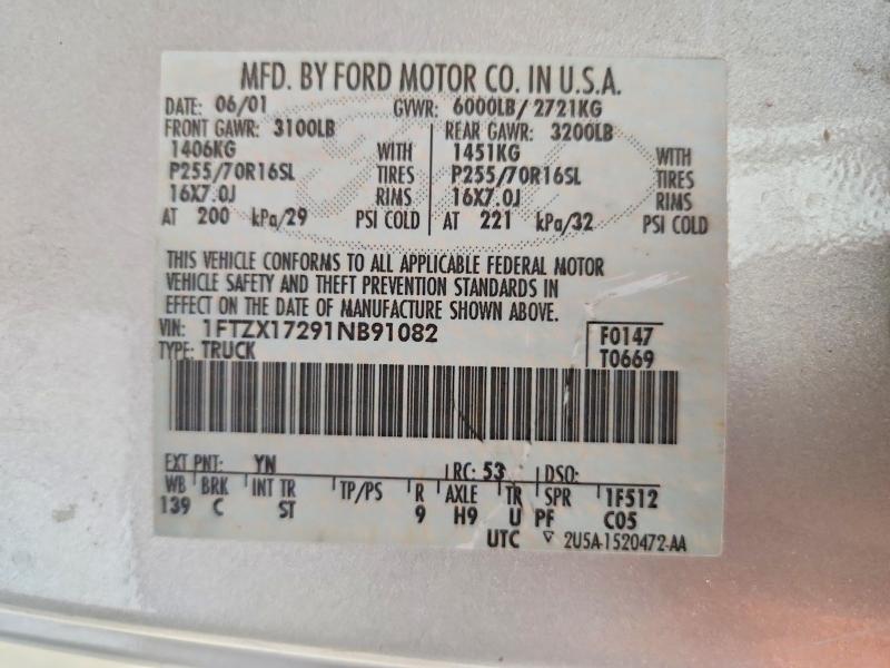 2001 Ford F150 მანქანა იყიდება აუქციონზე, vin: 1FTZX17291NB91082, აუქციონის ნომერი: 51670416