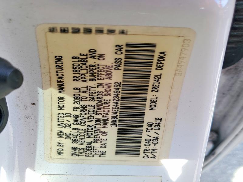 2010 Toyota Corolla მანქანა იყიდება აუქციონზე, vin: 1NXBU4EE4AZ349452, აუქციონის ნომერი: 54660726