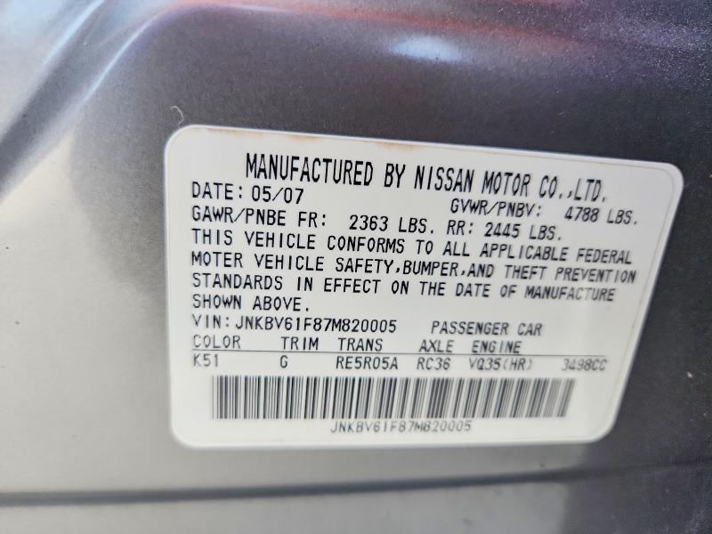 Aukcja sprzedaży 2007 Infiniti G35, vin: JNKBV61F87M820005, numer aukcji: 49248776