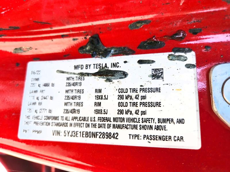 2022 Tesla Model 3 მანქანა იყიდება აუქციონზე, vin: 5YJ3E1EB0NF289842, აუქციონის ნომერი: 54658966