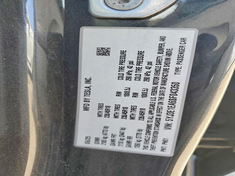 54692166 :رقم المزاد ، 5YJ3E1EA6SF043350 vin ، 2025 Tesla Model 3 مزاد بيع