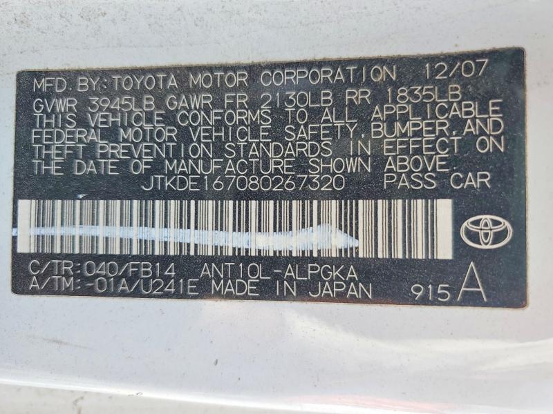 55067456 :رقم المزاد ، JTKDE167080267320 vin ، 2008 Scion Tc مزاد بيع