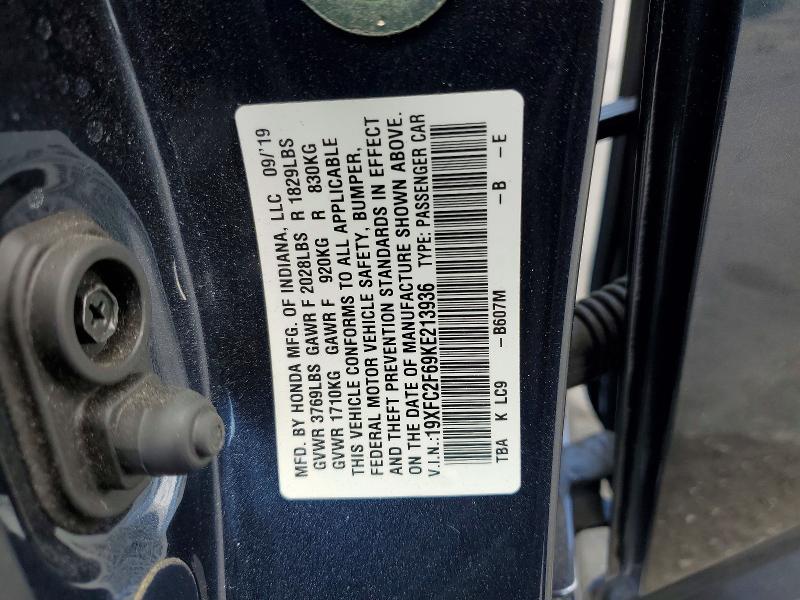 2019 Honda Civic მანქანა იყიდება აუქციონზე, vin: 19XFC2F69KE213936, აუქციონის ნომერი: 52201726
