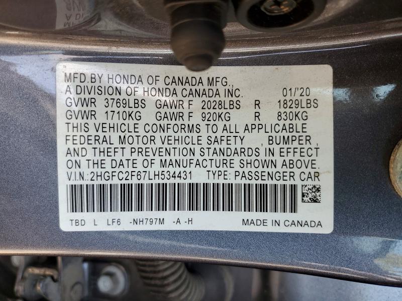 Aukcja sprzedaży 2020 Honda Civic, vin: 2HGFC2F67LH534431, numer aukcji: 53982866