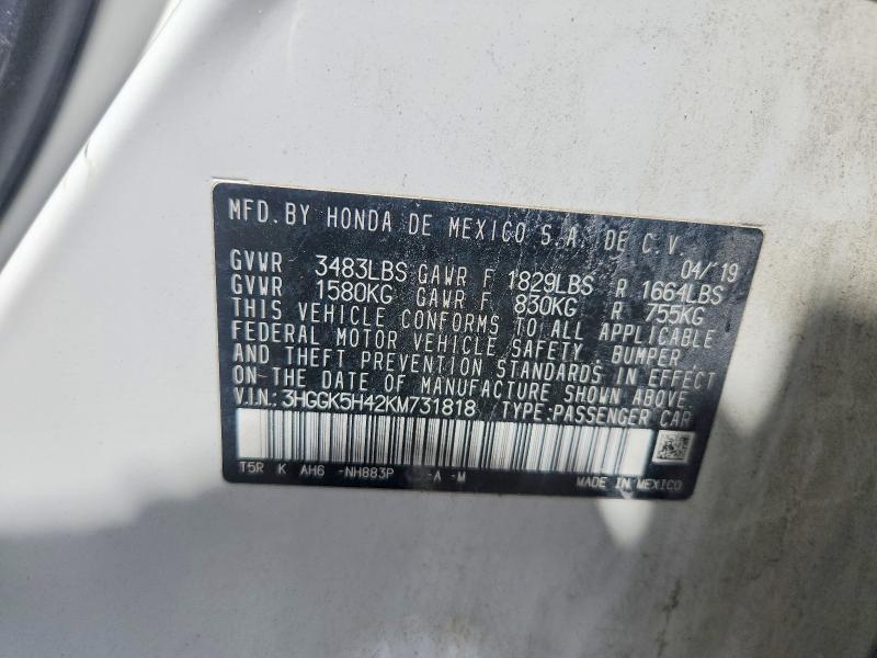 2019 Honda Fit მანქანა იყიდება აუქციონზე, vin: 3HGGK5H42KM731818, აუქციონის ნომერი: 52877676