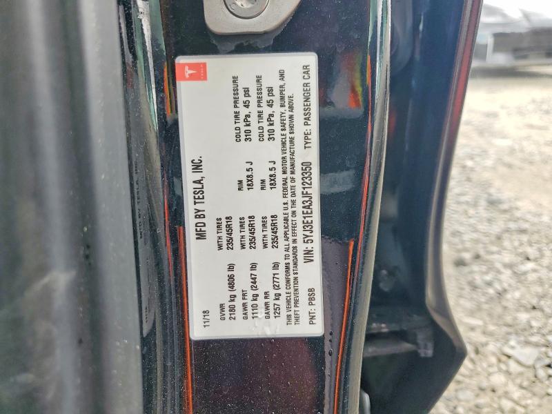 2018 Tesla Model 3 მანქანა იყიდება აუქციონზე, vin: 5YJ3E1EA3JF123350, აუქციონის ნომერი: 54844226