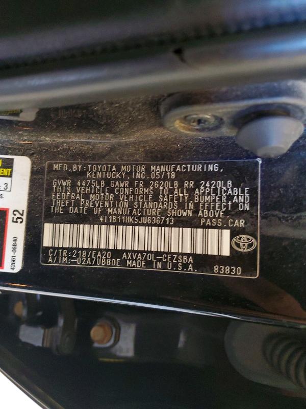 Aukcja sprzedaży 2018 Toyota Camry, vin: 4T1B11HK5JU636713, numer aukcji: 53140706