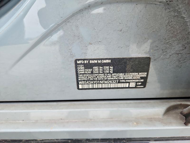 Aukcja sprzedaży 2022 Bmw M3, vin: WBS43AY01NFM26327, numer aukcji: 51942976
