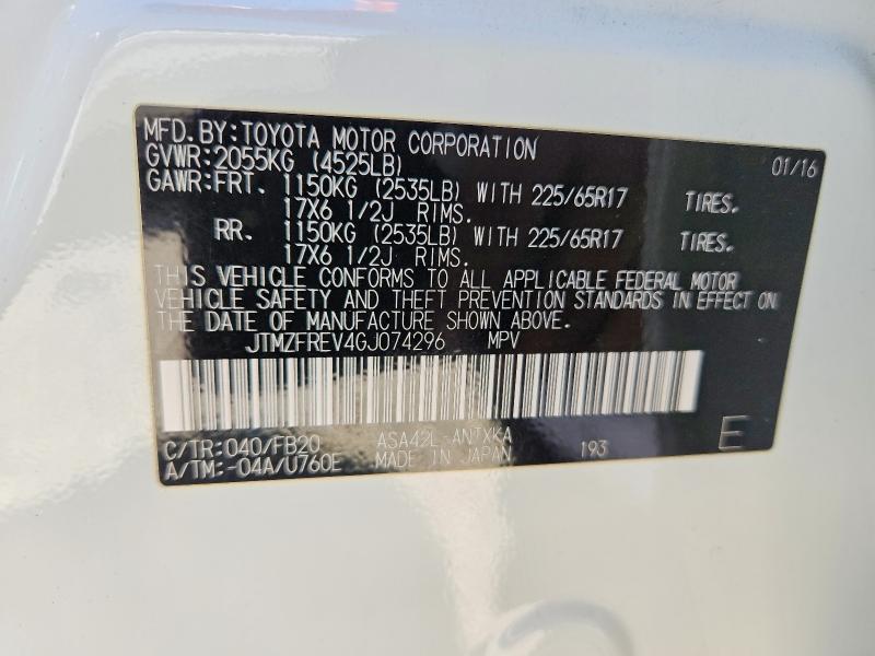 Aukcja sprzedaży 2016 Toyota Rav4, vin: JTMZFREV4GJ074296, numer aukcji: 54003016