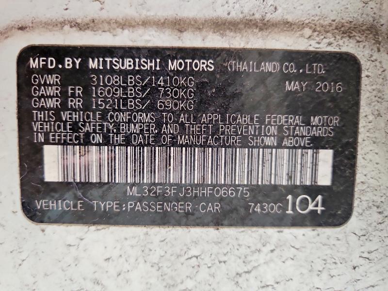 52767176 :رقم المزاد ، ML32F3FJ3HHF06675 vin ، 2017 Mitsubishi Mirage مزاد بيع