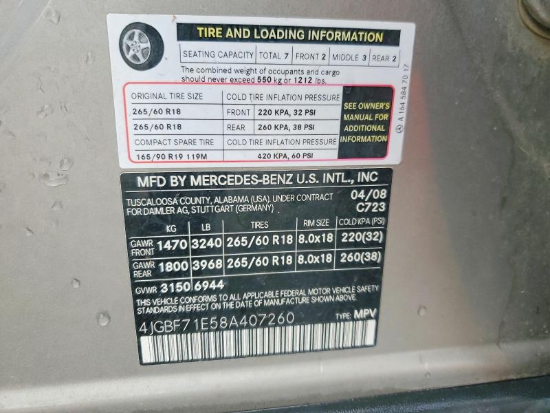 Продаж на аукціоні авто 2008 Mercedes-benz Gl, vin: 4JGBF71E58A407260, номер лоту: 54472116