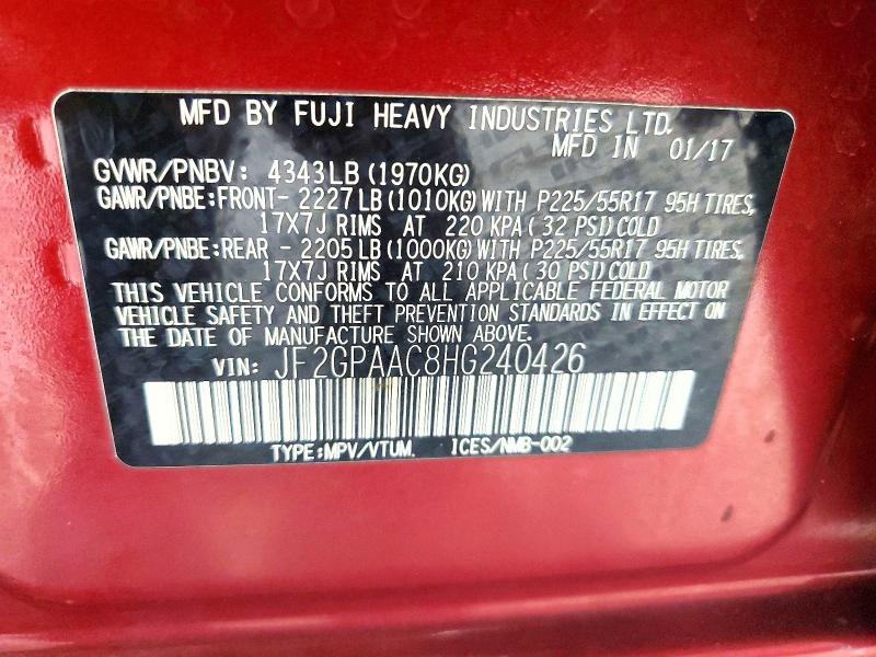 2017 Subaru Crosstrek მანქანა იყიდება აუქციონზე, vin: JF2GPAAC8HG240426, აუქციონის ნომერი: 54972146