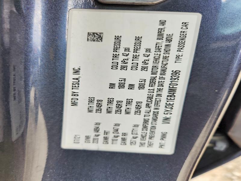 2021 Tesla Model 3 მანქანა იყიდება აუქციონზე, vin: 5YJ3E1EB4MF019396, აუქციონის ნომერი: 51325186