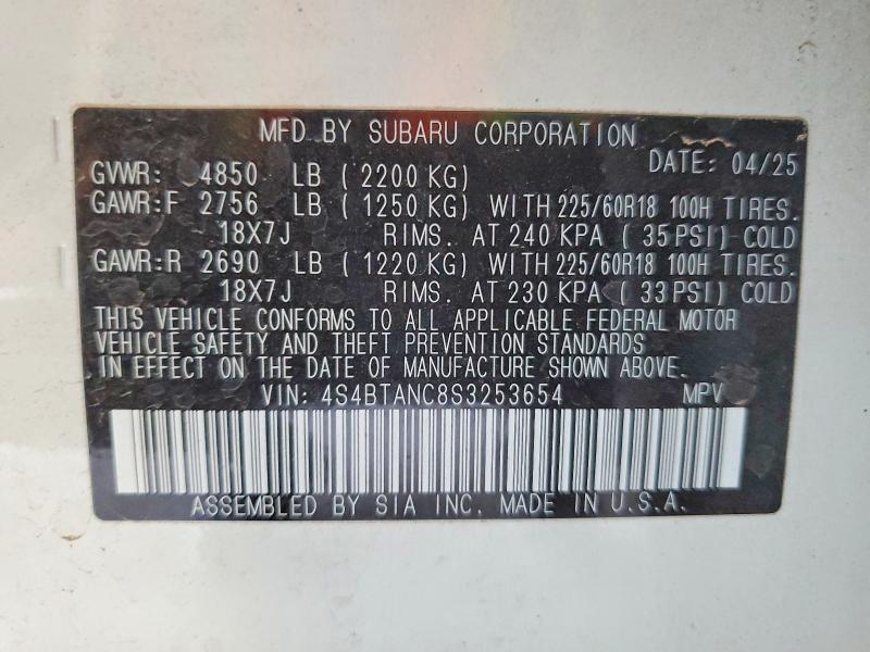 2025 Subaru Outback მანქანა იყიდება აუქციონზე, vin: 4S4BTANC8S3253654, აუქციონის ნომერი: 55105136
