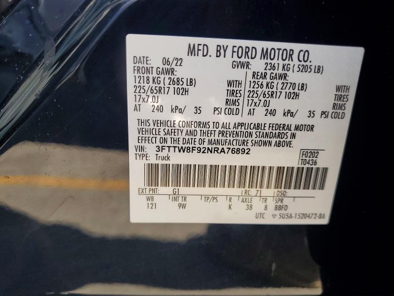 2022 Ford Maverick მანქანა იყიდება აუქციონზე, vin: 3FTTW8F92NRA76892, აუქციონის ნომერი: 53443076