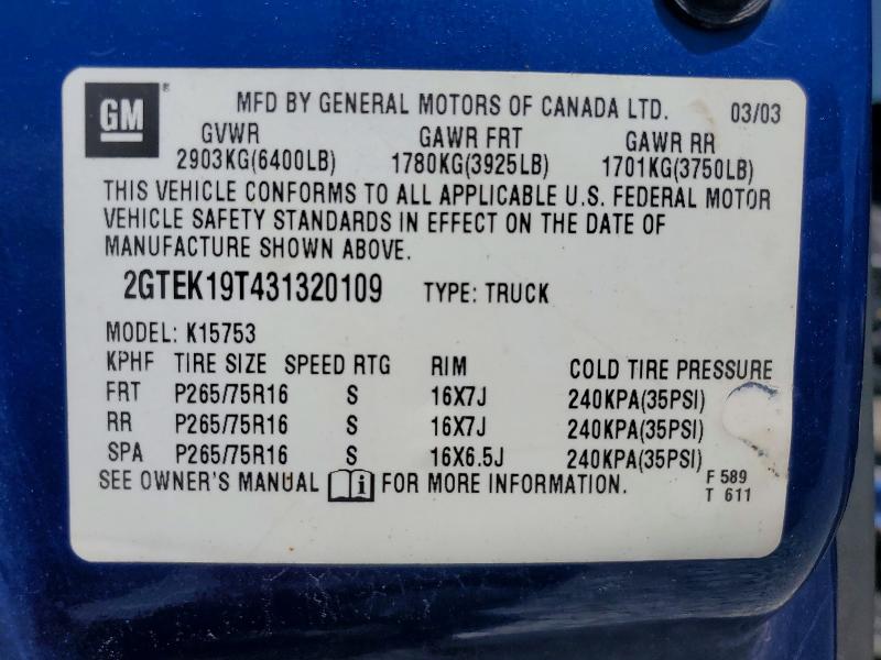54106026 :رقم المزاد ، 2GTEK19T431320109 vin ، 2003 Gmc New Sierra مزاد بيع