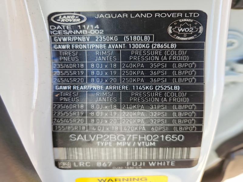Aukcja sprzedaży 2015 Land Rover Range Rover Evoque, vin: SALVP2BG7FH021650, numer aukcji: 54992396