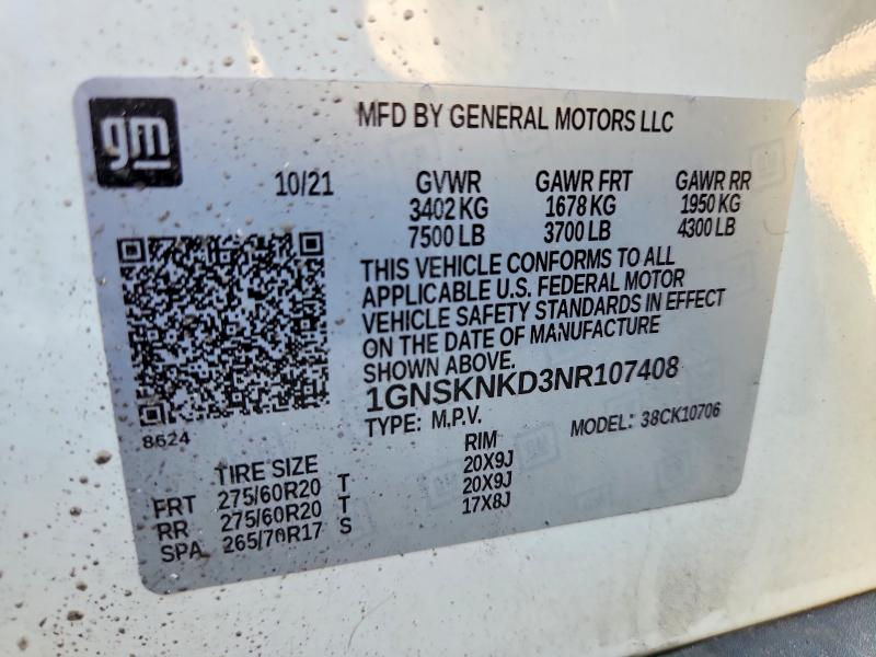Продажа на аукционе авто 2022 Chevrolet Tahoe, vin: 1GNSKNKD3NR107408, номер лота: 54130996