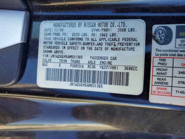 53869286 :رقم المزاد ، JN1AZ4EH5AM501365 vin ، 2010 Nissan 370z مزاد بيع