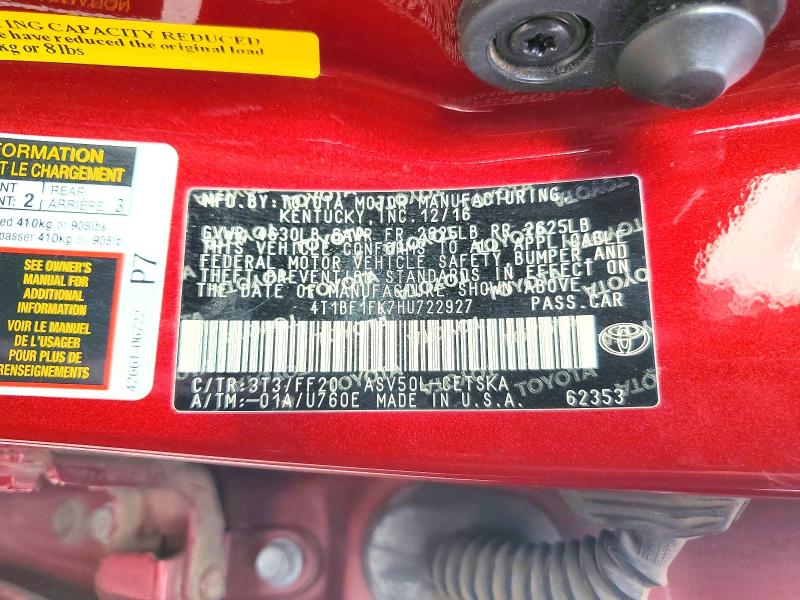 Продаж на аукціоні авто 2017 Toyota Camry, vin: 4T1BF1FK7HU722927, номер лоту: 53816276