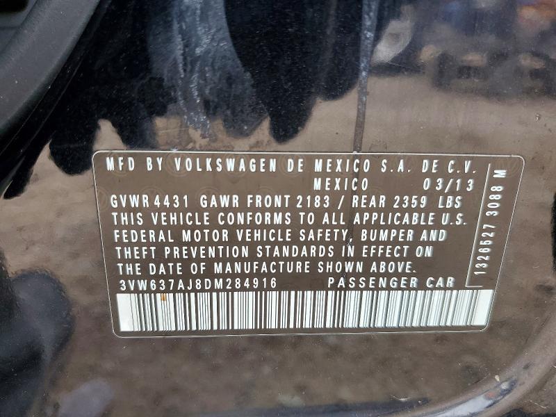 2013 Volkswagen Jetta მანქანა იყიდება აუქციონზე, vin: 3VW637AJ8DM284916, აუქციონის ნომერი: 53904436