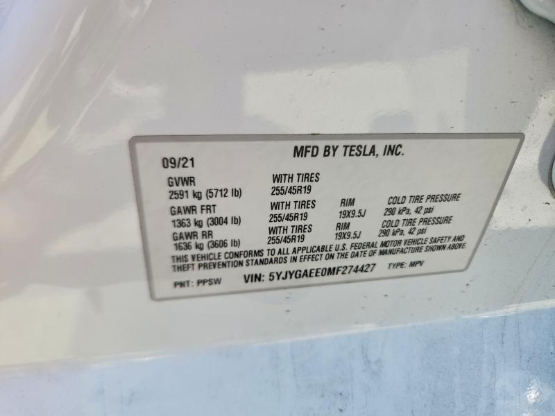 Aukcja sprzedaży 2021 Tesla Model Y, vin: 5YJYGAEE0MF274427, numer aukcji: 52099586