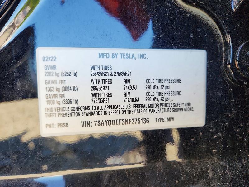 53346976 :رقم المزاد ، 7SAYGDEF3NF375136 vin ، 2022 Tesla Model Y مزاد بيع