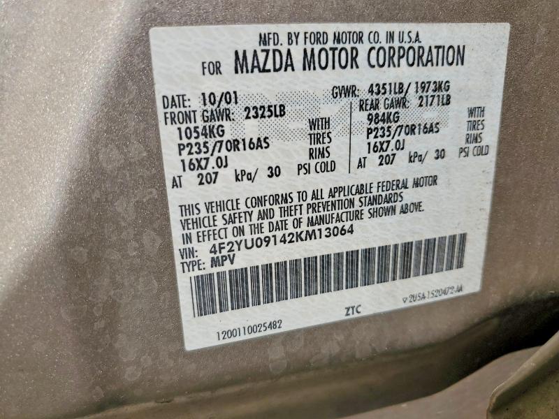 53050946 :رقم المزاد ، 4F2YU09142KM13064 vin ، 2002 Mazda Tribute مزاد بيع