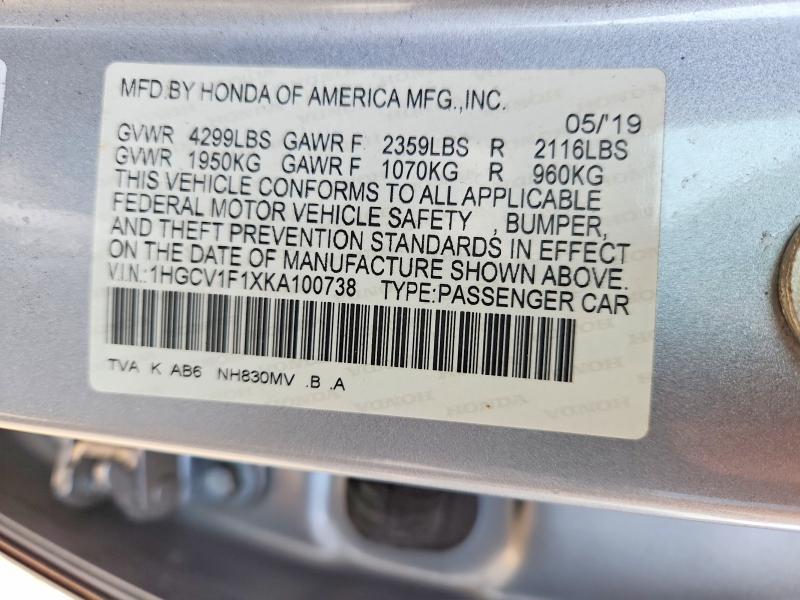 51959516 :رقم المزاد ، 1HGCV1F1XKA100738 vin ، 2019 Honda Accord مزاد بيع