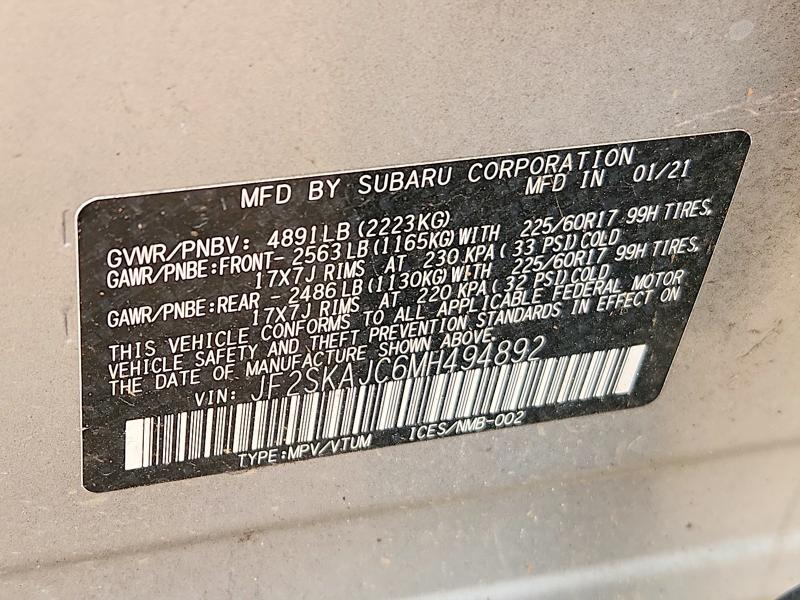 53005346 :رقم المزاد ، JF2SKAJC6MH494892 vin ، 2021 Subaru Forester مزاد بيع