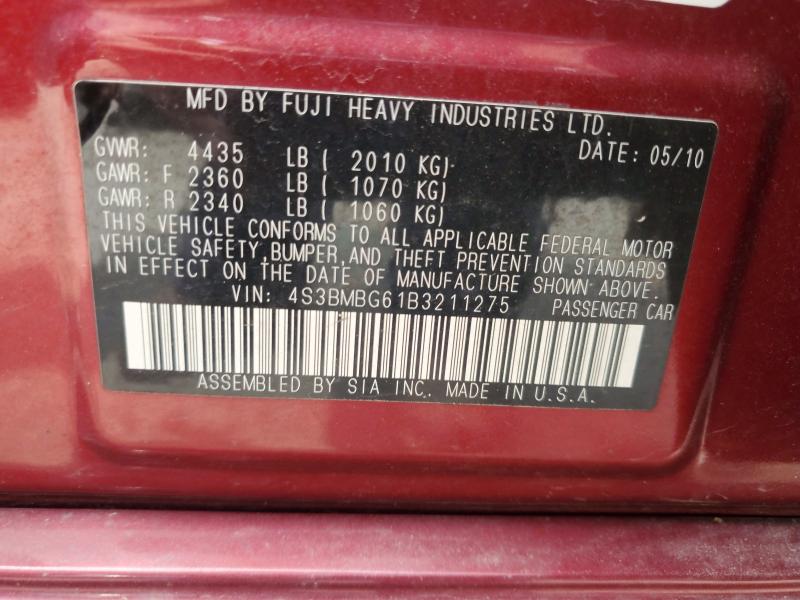 2011 Subaru Legacy მანქანა იყიდება აუქციონზე, vin: 4S3BMBG61B3211275, აუქციონის ნომერი: 53218356
