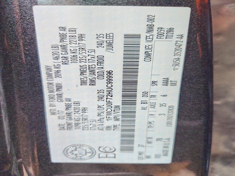 2017 Ford Escape მანქანა იყიდება აუქციონზე, vin: 1FMCU0F72HUC99996, აუქციონის ნომერი: 52556066