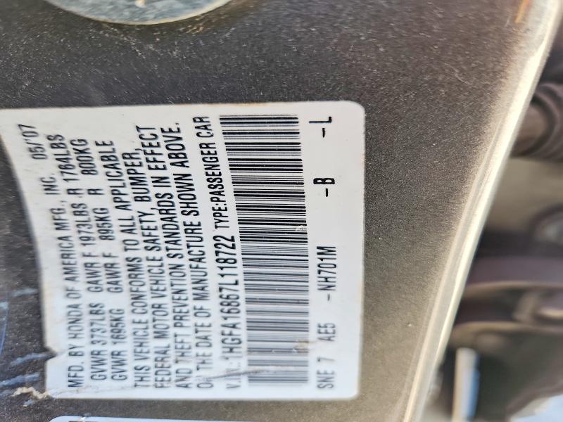 2007 Honda Civic მანქანა იყიდება აუქციონზე, vin: 1HGFA16867L118722, აუქციონის ნომერი: 51918316