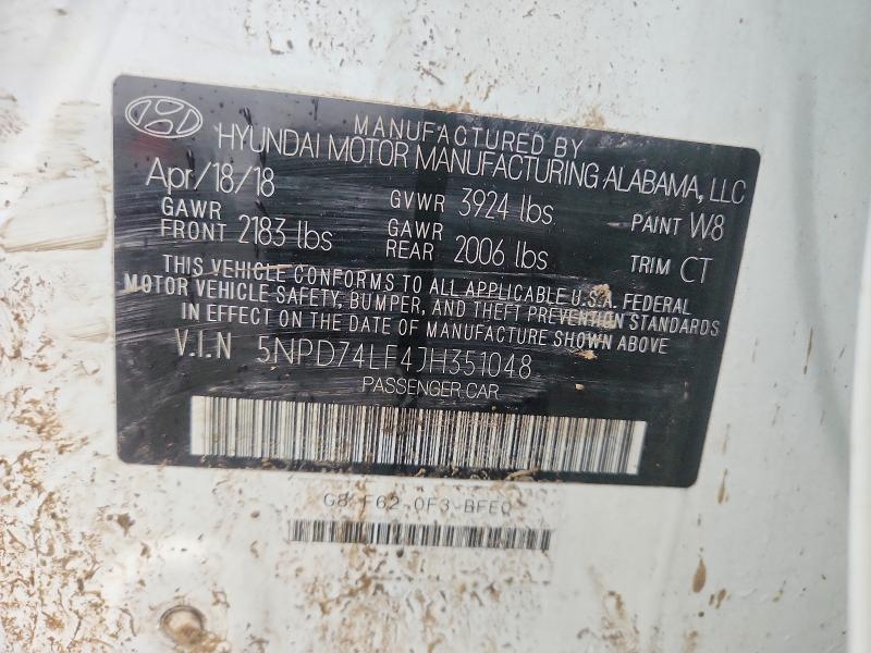 52455246 :رقم المزاد ، 5NPD74LF4JH351048 vin ، 2018 Hyundai Elantra مزاد بيع