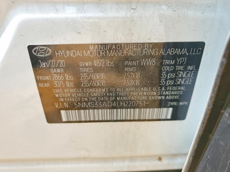 54649646 :رقم المزاد ، 5NMS33AD4LH220751 vin ، 2020 Hyundai Santa Fe مزاد بيع