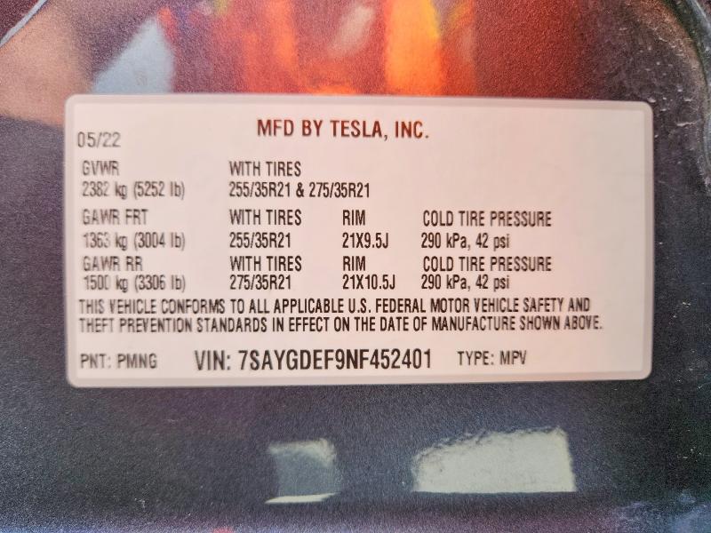52342056 :رقم المزاد ، 7SAYGDEF9NF452401 vin ، 2022 Tesla Model Y مزاد بيع
