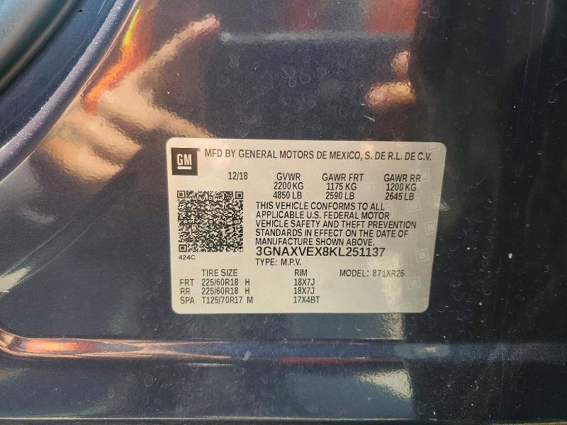 Aukcja sprzedaży 2019 Chevrolet Equinox, vin: 3GNAXVEX8KL251137, numer aukcji: 54412206