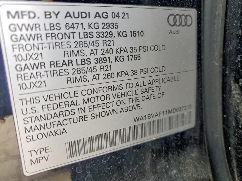 2021 Audi Q8 მანქანა იყიდება აუქციონზე, vin: WA1BVAF11MD037213, აუქციონის ნომერი: 53601526